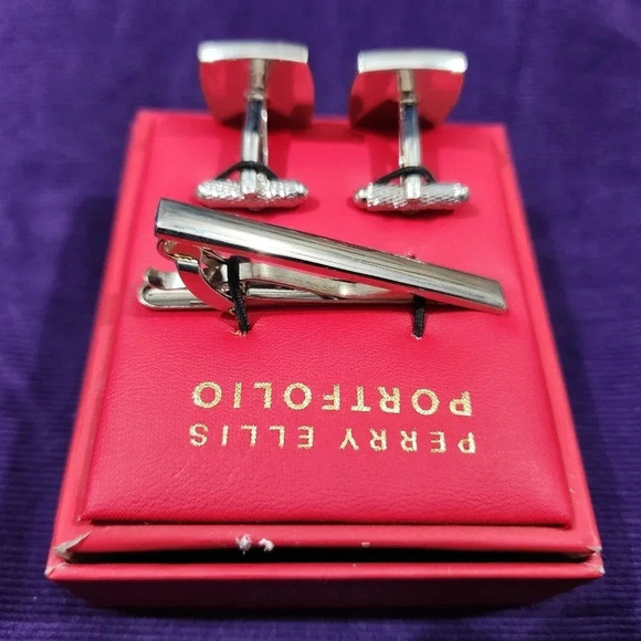 Perry Ellis Portfolio Cufflinks Silver Tone Gold Tone Tie Bar Clip Boxed - Picture 6 of 10